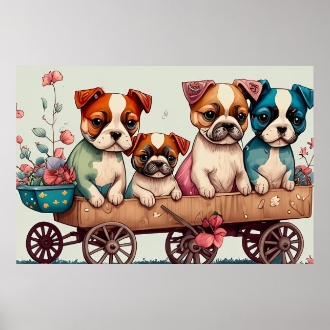 Affiche Chiots colorés dans un Wagon (Devant)