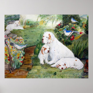 Affiche Chiots de chambre dans le jardin, aquarelle Reprod