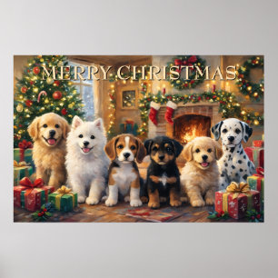 Affiche Chiots de Noël près de la cheminée et de l'arbre d