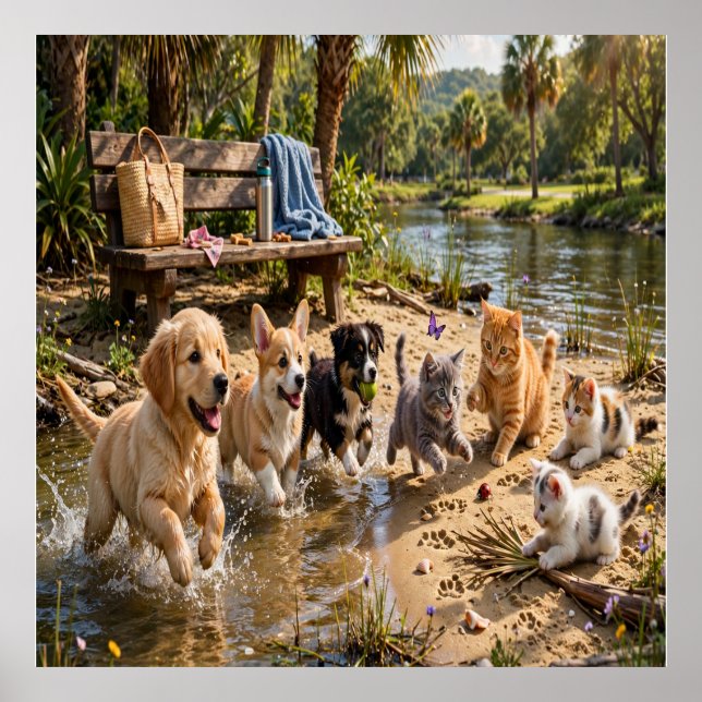 Affiche Chiots et chatons mignons Mur bord de rivière  (Devant)