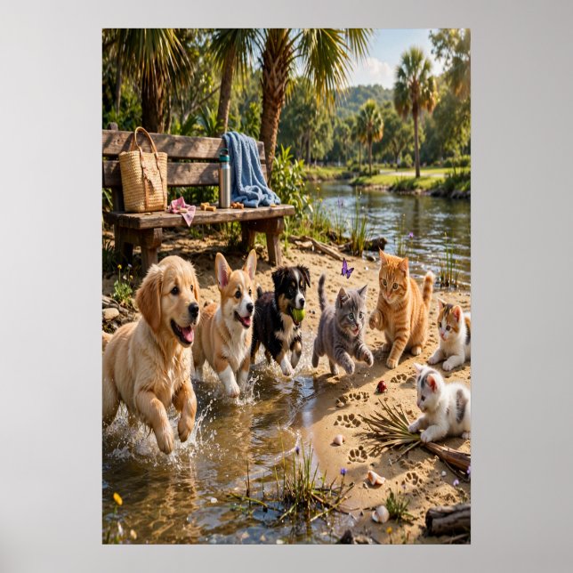 Affiche Chiots et chatons mignons Mur bord de rivière  (Devant)