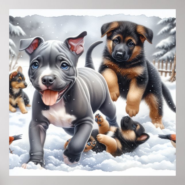 Affiche Chiots heureux jouent (Devant)
