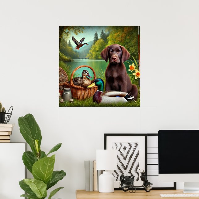Affiche Chiots Labrador au Chocolat au bord d'un Lac avec  (Bureau à domicile)