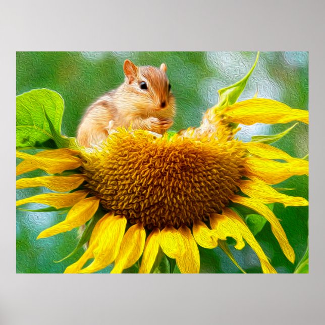 Affiche Chipmunk Yellow Sunflower Photo Peinture (Devant)