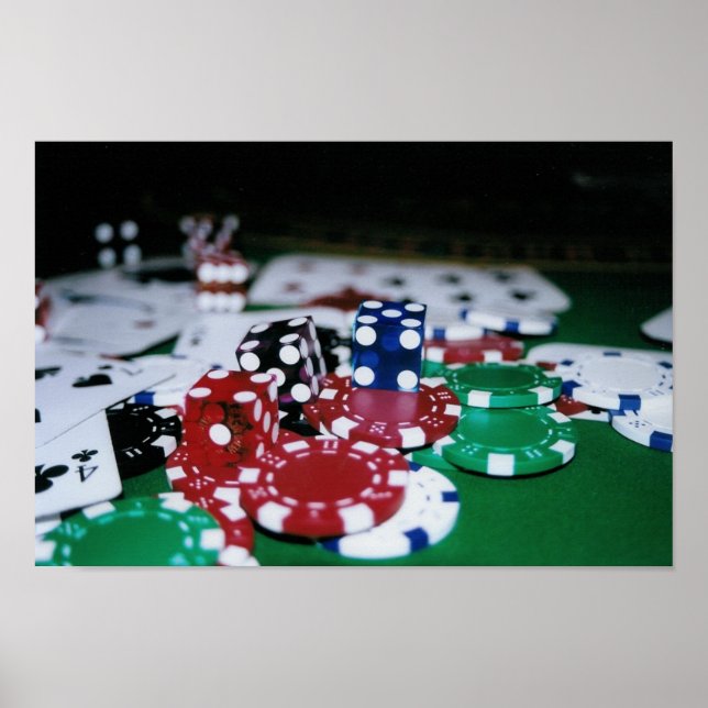 Affiche Chips de poker, cartes et dés (Devant)