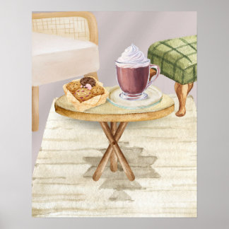 Affiche Chocolat chaud et biscuits sur une table en bois