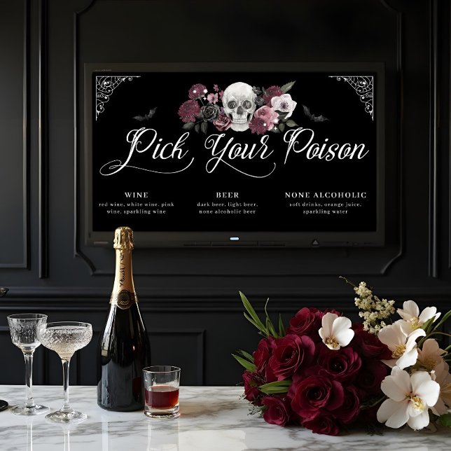 Affiche Choisissez votre poison Floral Scull Mariage gothi (Pick Your Poison Floral Scull Gothic Wedding Menu Poster)