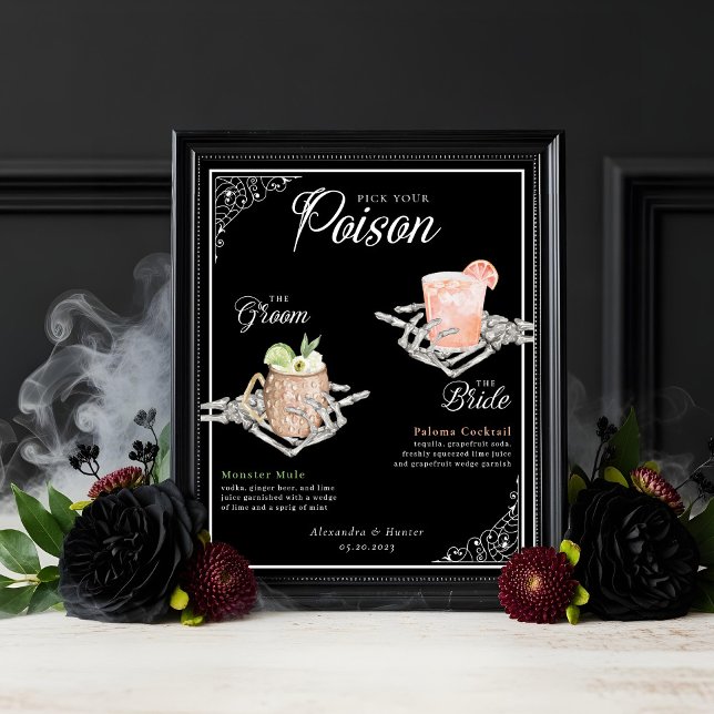 Affiche Choisissez votre poison Skeleton Bride & Groom Coc (Pick Your Poison Skeleton Bride & Groom Cocktails Poster)