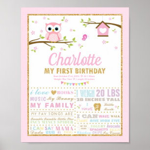 Affiche Chouette 1er Anniversaire rose Milestone Statistiq