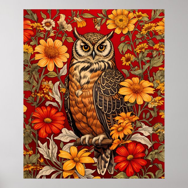 Affiche Chouette À Rayures Et Fleurs De Zinnia (Devant)