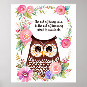 Affiche Chouette aquarelle dans le jardin avec de jolies f