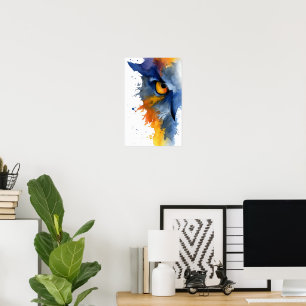 Affiche Chouette aquarelle féroce en bleu et orange