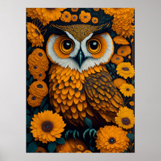 Affiche Chouette avec de grands yeux devant les fleurs