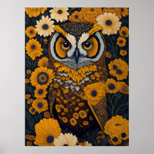 Affiche Chouette avec de grands yeux devant les fleurs #2