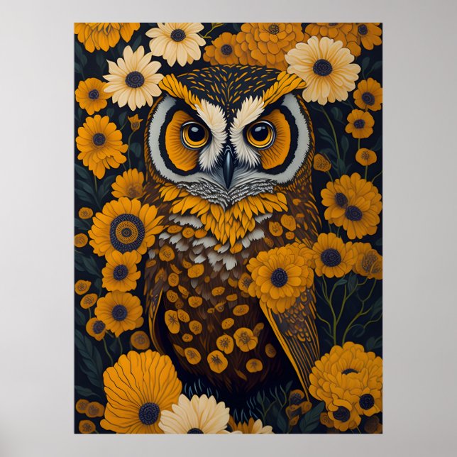 Affiche Chouette avec de grands yeux devant les fleurs #2 (Devant)