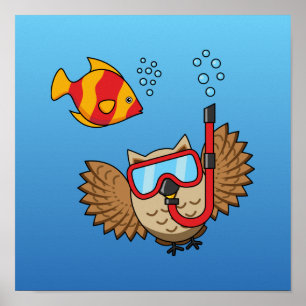 Affiche Chouette avec masque tuba et poisson tropical