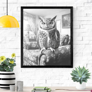 Affiche Chouette blanche noire sur fauteuil de salon Illus