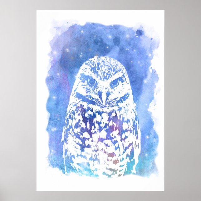 Affiche Chouette blanche tendance bleu aquarelle nuit ciel (Devant)