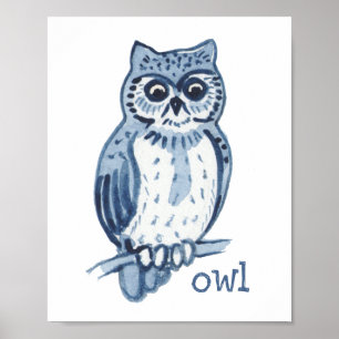 Affiche Chouette bleue mignonne Aquarelle Animal Nature Fa