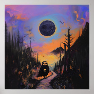 Affiche Chouette crâne noir lune cuisine AI Art Matte Vale