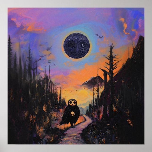 Affiche Chouette crâne noir lune cuisine AI Art Matte Vale (Devant)