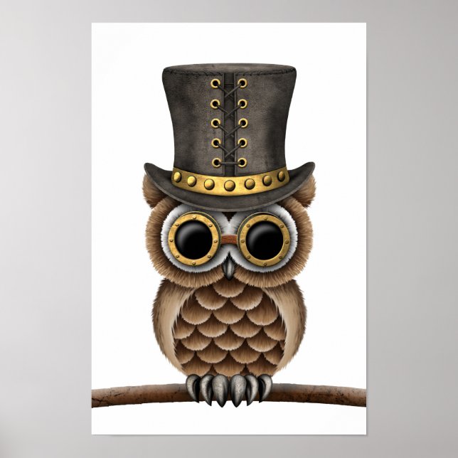 Affiche Chouette Cute Steampunk sur une branche sur blanc (Devant)