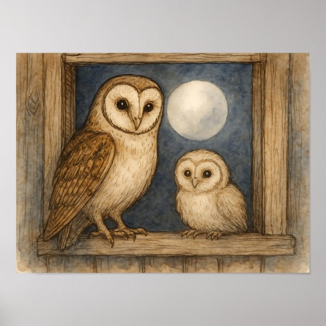 Affiche Chouette effraie & Jeune Chouette Aquarelle Rustiq (Devant)