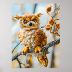 Affiche Chouette en feutre assise sur une branche