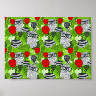 Affiche Chouette en roses rouges