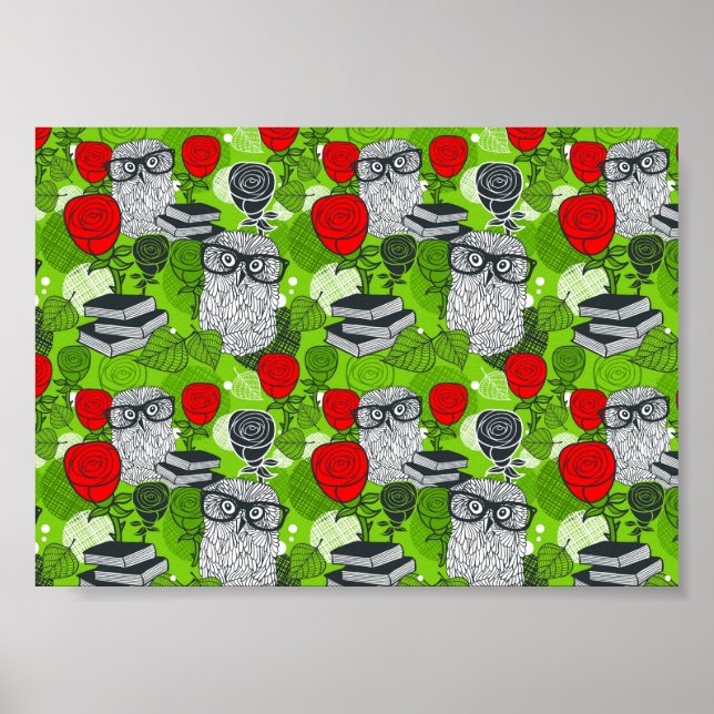 Affiche Chouette en roses rouges (Devant)