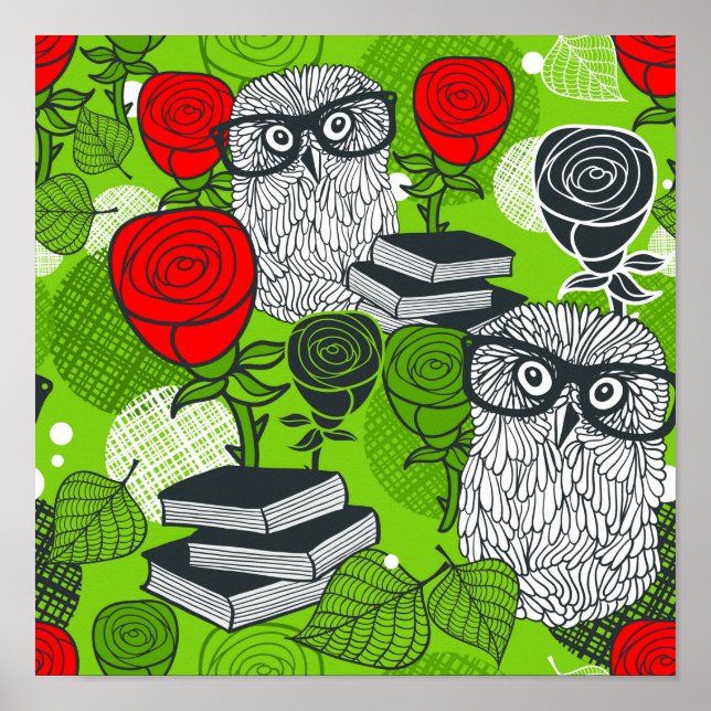 Affiche Chouette en roses rouges (Devant)