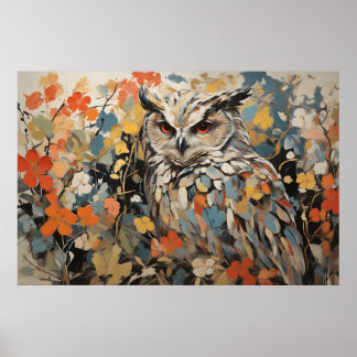 Affiche Chouette et fleurs en peinture printanière