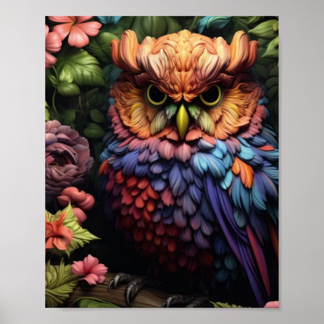Affiche Chouette florale enchantée – Art vibrant de la for (Devant)
