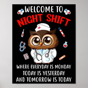 Affiche Chouette Nuit Shift Drôle Infirmière Infirmière Rn