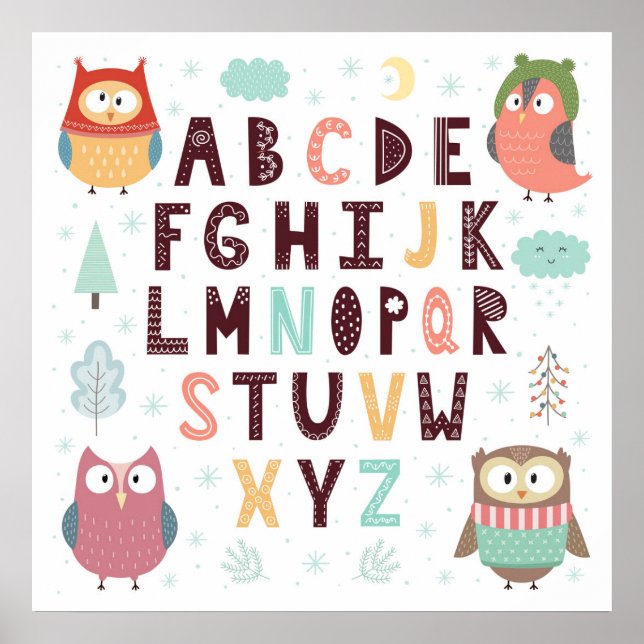 Affiche Chouettes blanches mignonnes Lettres ABC Alphabet  (Devant)