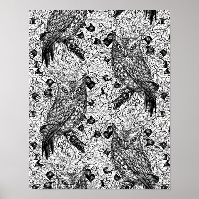 Affiche Chouettes dans le chêne, noir et blanc (Devant)