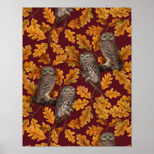 Affiche Chouettes d'automne sur rouge foncé