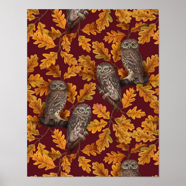 Affiche Chouettes d'automne sur rouge foncé (Devant)