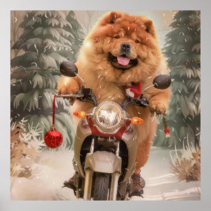 Affiche Chow Chow Chien chevauchant la moto Noël