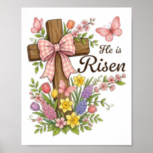 Affiche Chrétien- Il Est Ressuscité Croix Florale Religieu