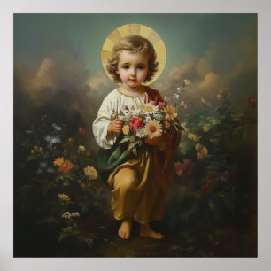 Affiche Christ Enfant Jésus tenant de belles fleurs