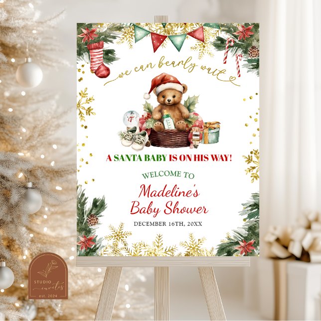 Affiche Christmas Bear Santa Boy Baby Shower Welcome Sign (Créateur téléchargé)