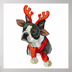 Affiche Christmas Boston terrier dog Throw Pillow