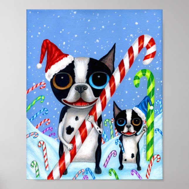 Affiche Christmas Boston Terrier Dogs Candy Cane Santa Hat (Devant)