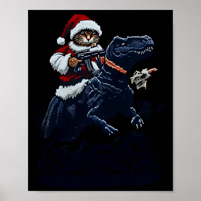 Affiche Christmas Cat In Santa Hat Holding A Gun And Dinos (Devant)