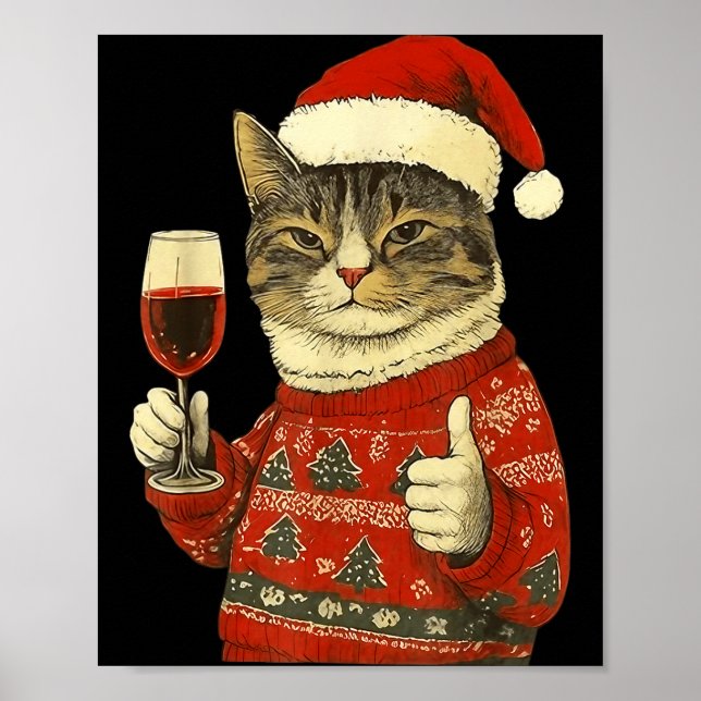 Affiche Christmas Cat Likes Cute Cat Drinking Wine With Sa (Devant)