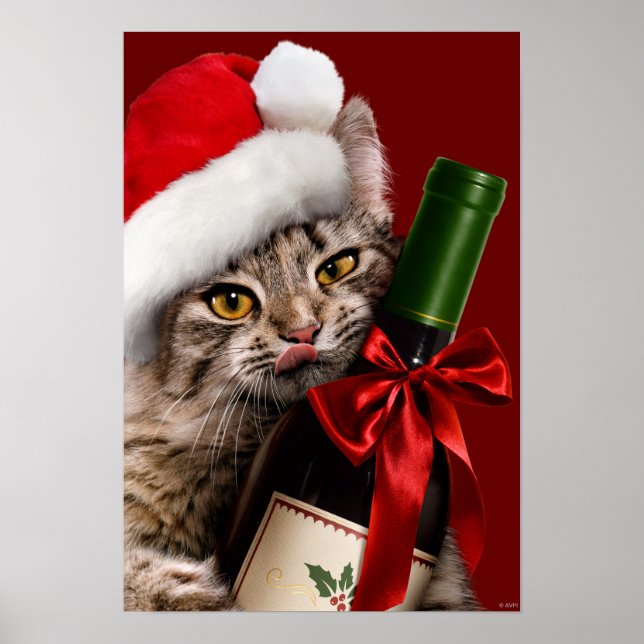 Affiche Christmas Cat With Wine Bottle (Devant)
