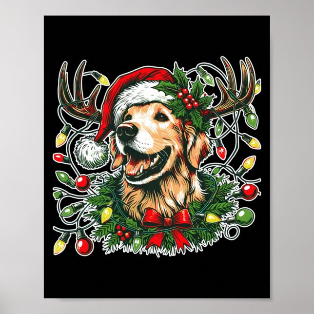 Affiche Christmas Golden Retriever Antlers Santa Hat Long  (Devant)