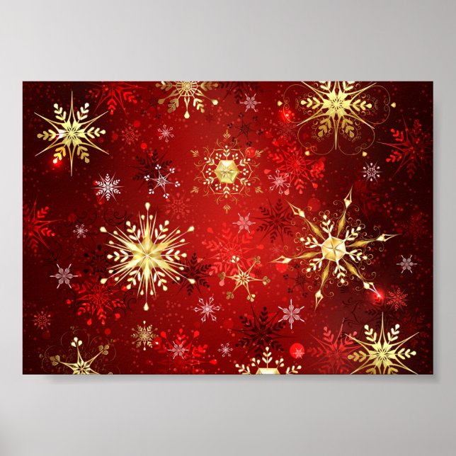 Affiche Christmas Golden Snowflakes on Red Background (Devant)