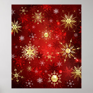 Affiche Christmas Golden Snowflakes on Red Background